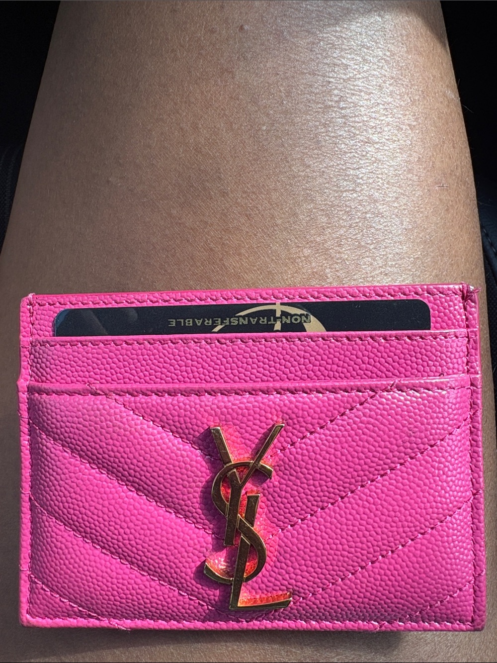 Authentic Saint Laurent Hot Pink Quilted Card Case with Gold YSL Logo